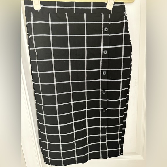 Plaid Pencil Midi Skirt Elastic High Waist Button Stretchy with Slit Size: M - Picture 8 of 8